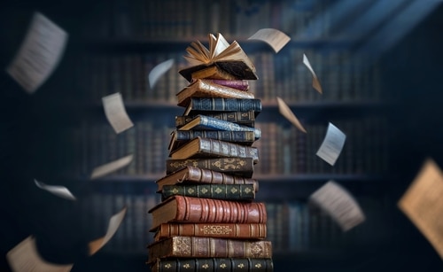 A,Stack,Of,Old,Books,And,Flying,Book,Pages,Against