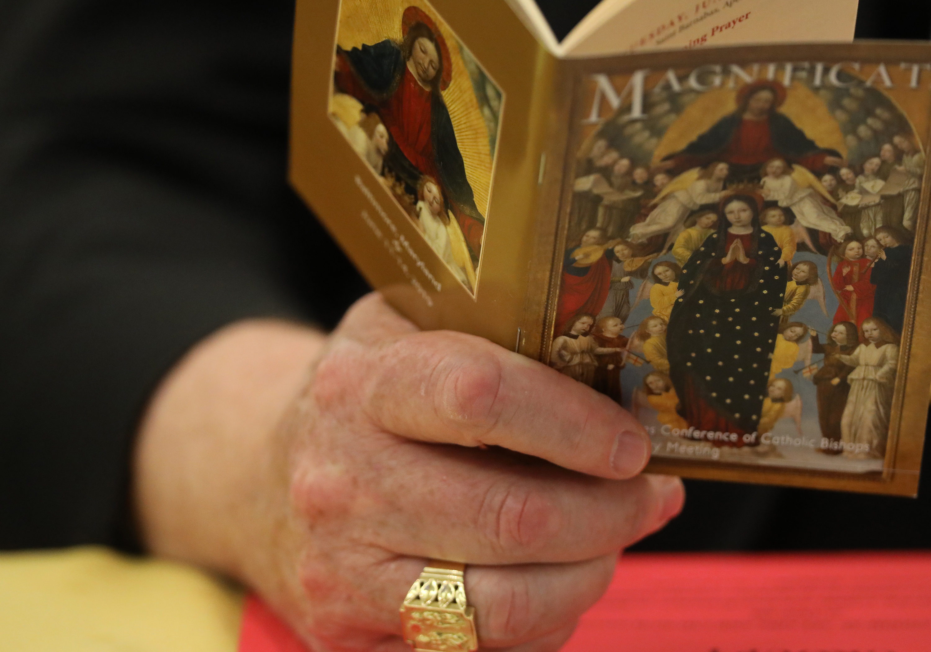 U.S. BISHOPS SPRING MEETING BALTIMORE The ring of Cardinal Joseph W. Tobin of Newark, N.J., is seen during morning prayer at the spring general assembly of the U.S. Conference of Catholic Bishops in Baltimore June 13, 2019. (CNS photo/Bob Roller) See stories marked BISHOPS- June 13, 2019.